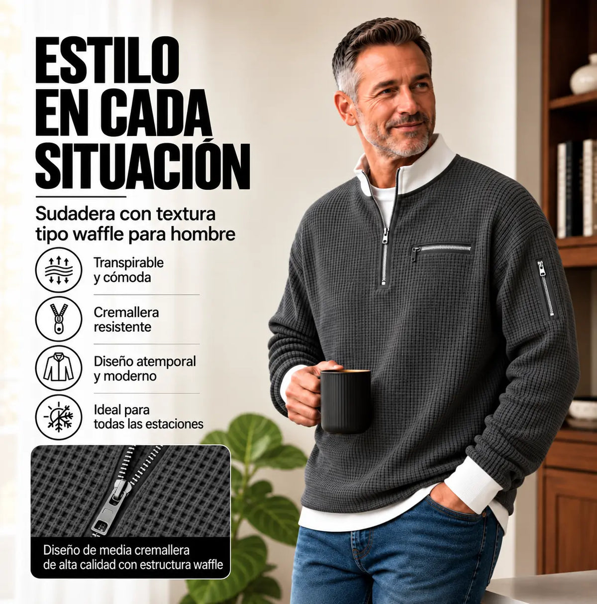 Jersey hombre | Punto gofre con media cremallera