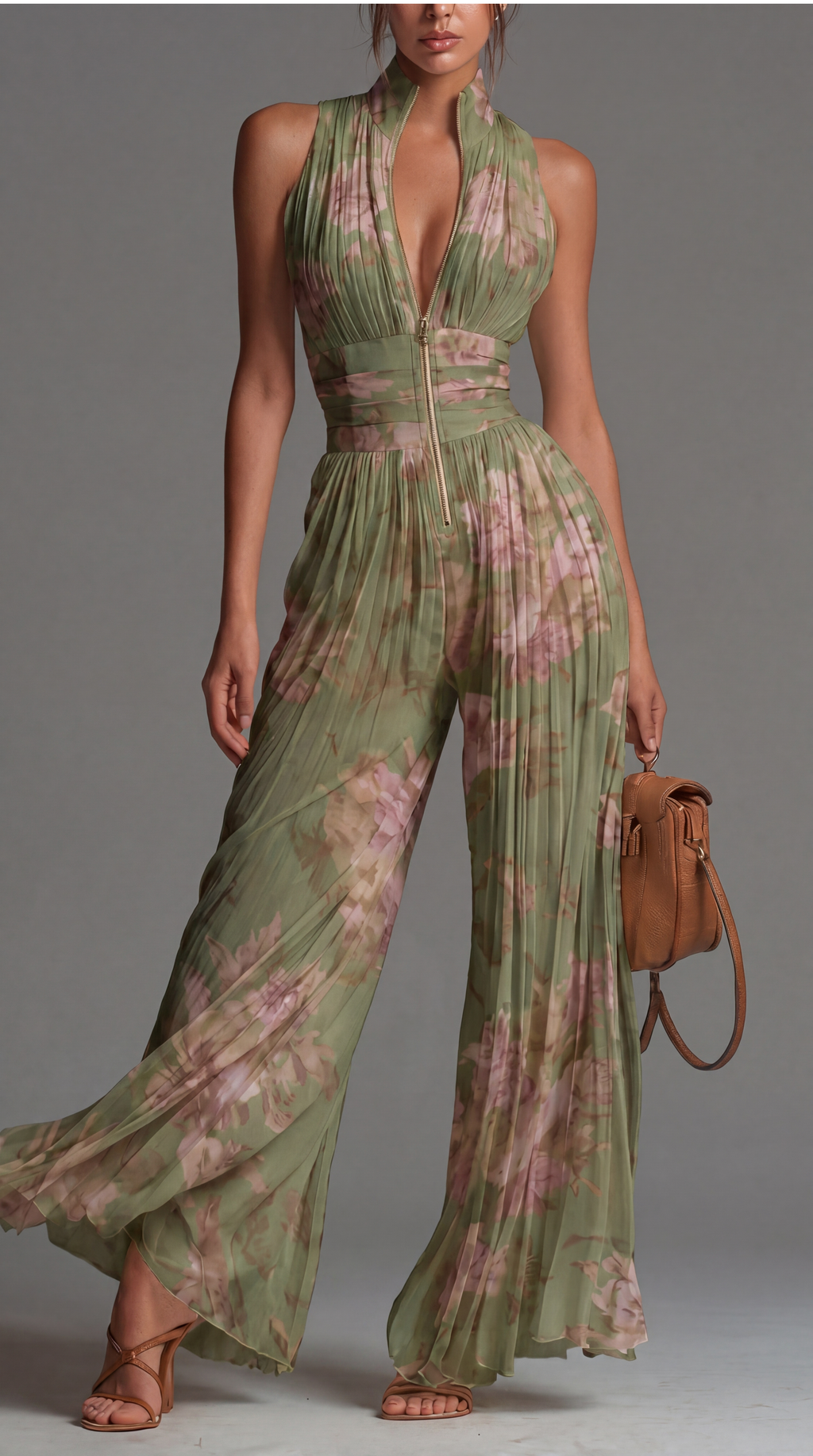 Zsófia Jumpsuit | Mono de Gasa Plisada en Verde Floral