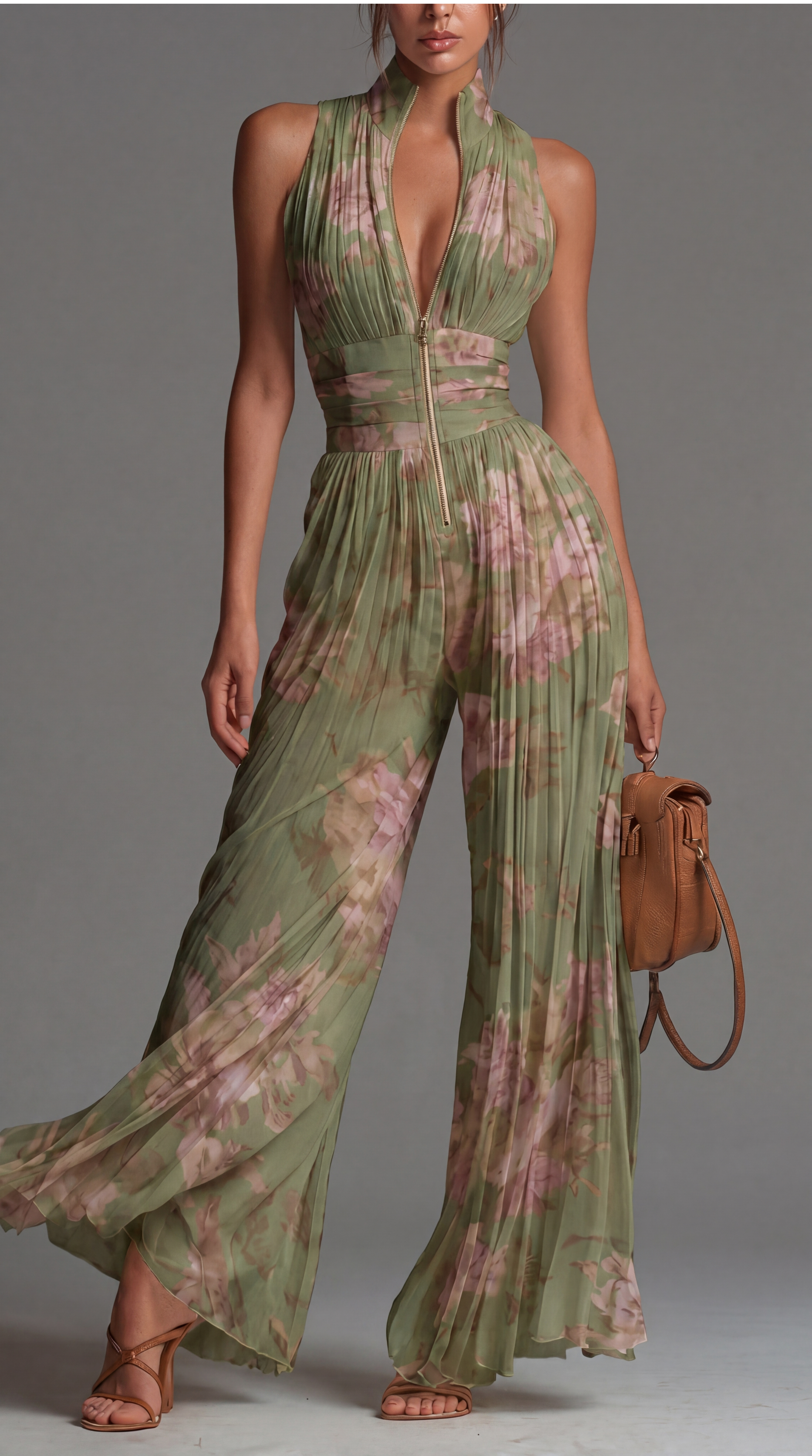 Zsófia Jumpsuit | Mono de Gasa Plisada en Verde Floral