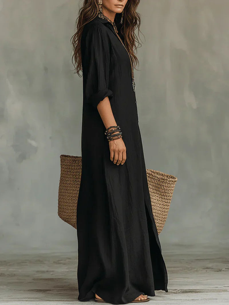 Celia™ | Vestido Maxi Negro Amplio con Botones