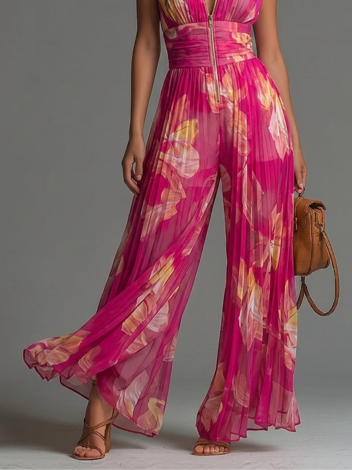 Zsófia Jumpsuit | Mono de Gasa Plisada en Fucsia