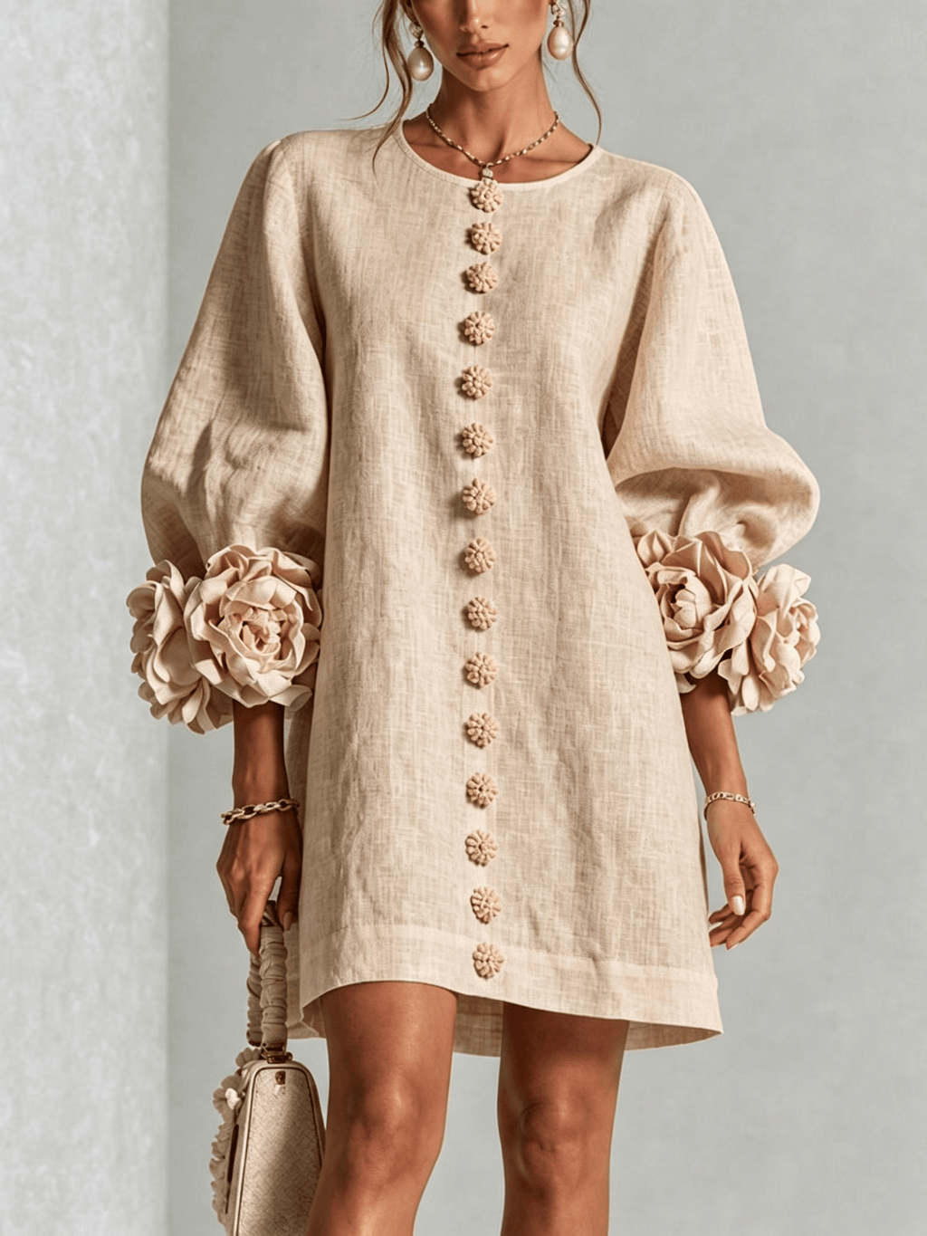 Ambra | Minivestido en Mezcla de Lino con Puños de Rosa, Beige