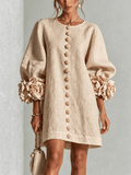 Ambra | Minivestido en Mezcla de Lino con Puños de Rosa, Beige