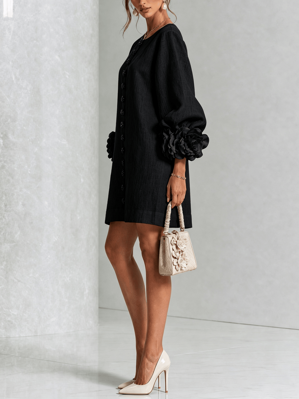 Cecilia | Minivestido en Mezcla de Lino con Puños de Rosa, Negro