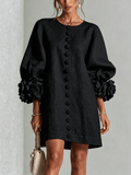 Cecilia | Minivestido en Mezcla de Lino con Puños de Rosa, Negro