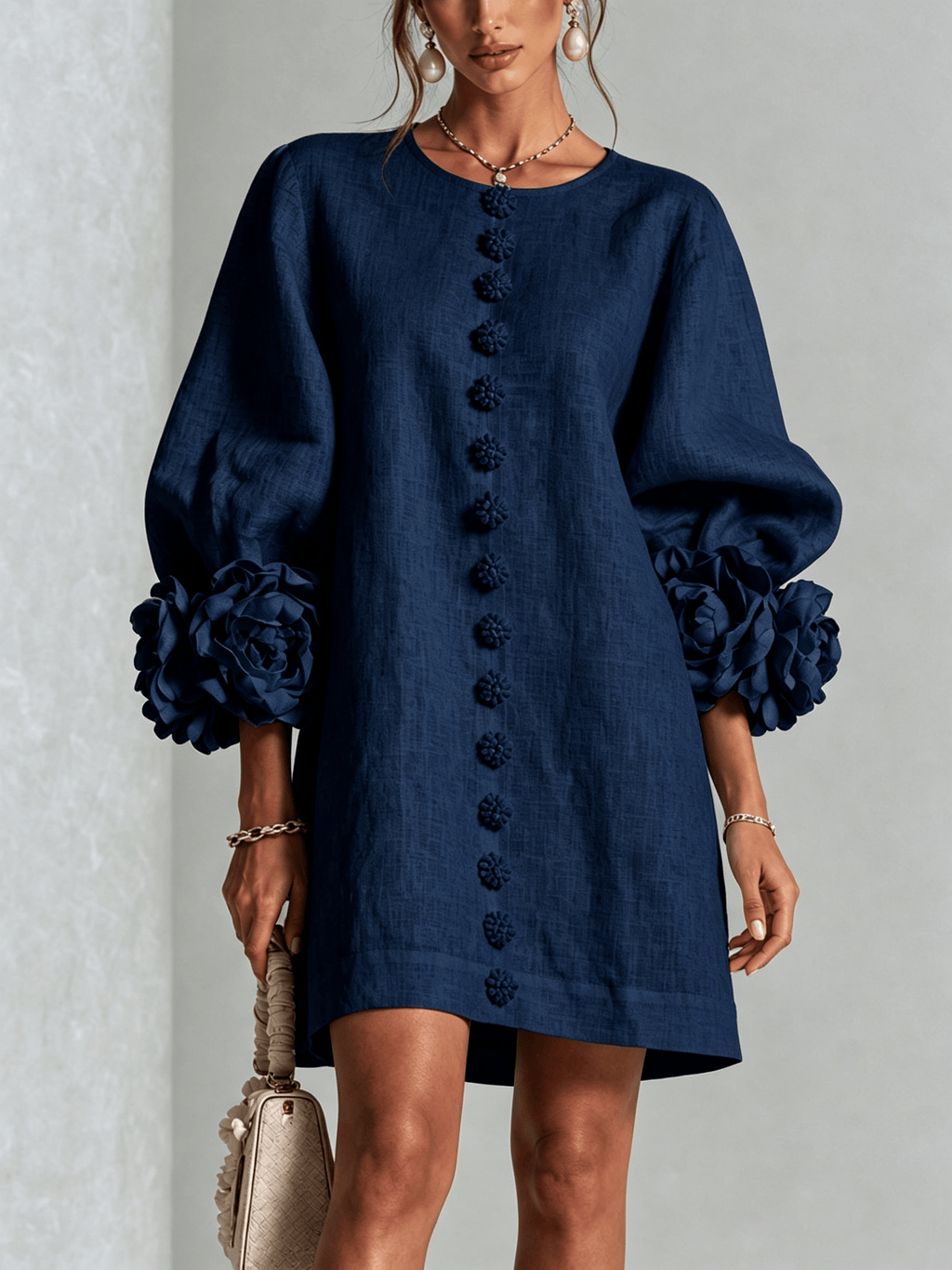 Marina | Minivestido en Mezcla de Lino con Puños de Rosa, Azul Marino