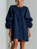 Marina | Minivestido en Mezcla de Lino con Puños de Rosa, Azul Marino