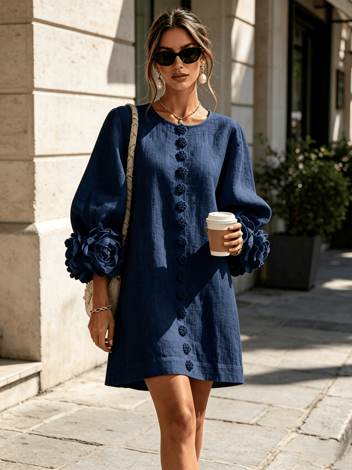 Marina | Minivestido en Mezcla de Lino con Puños de Rosa, Azul Marino