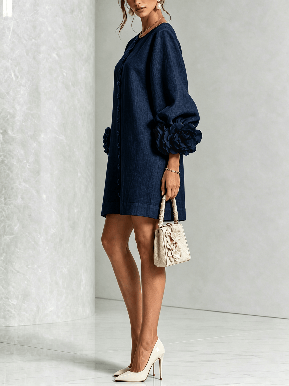Marina | Minivestido en Mezcla de Lino con Puños de Rosa, Azul Marino