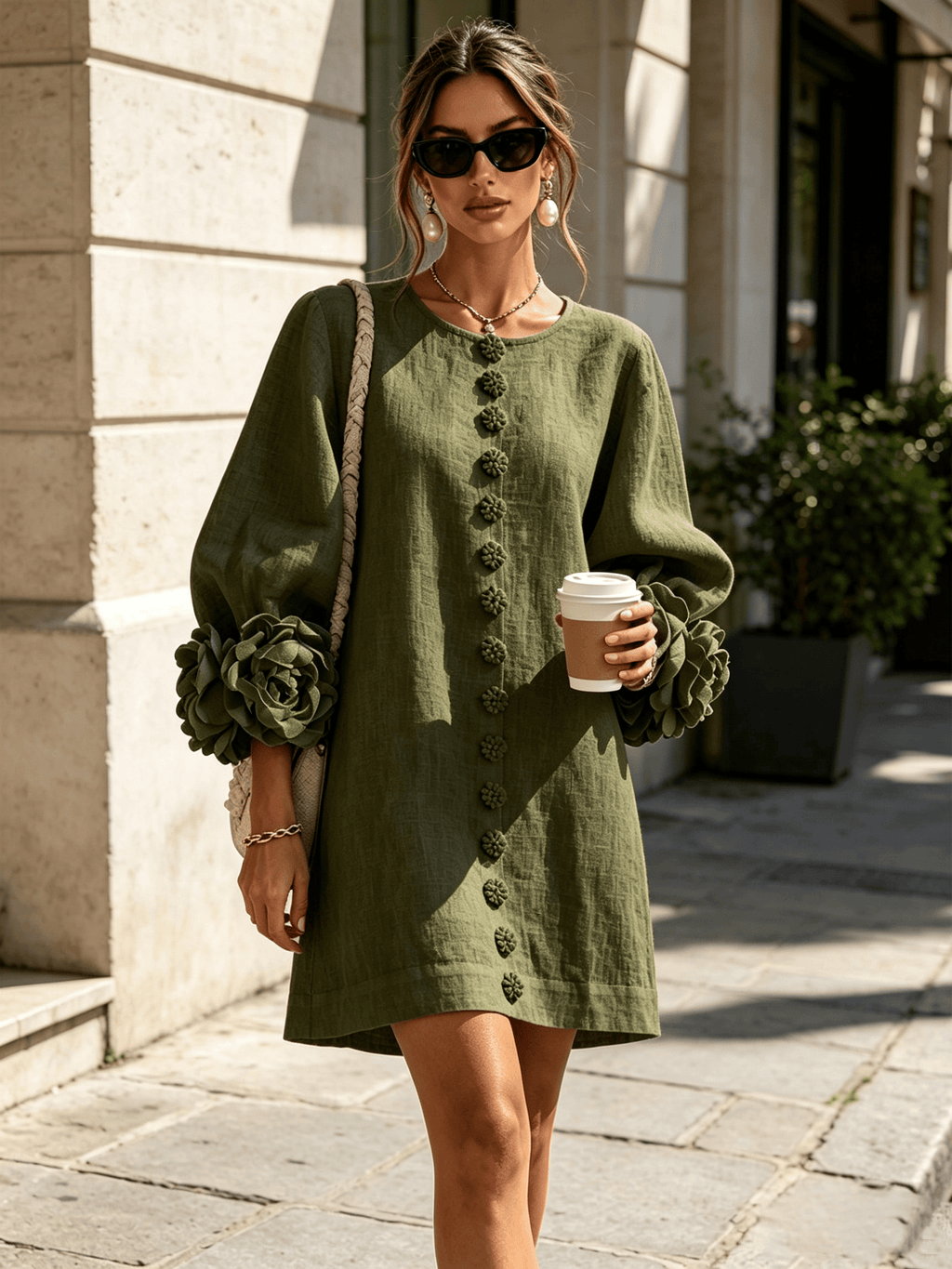 Gaia | Minivestido en Mezcla de Lino con Puños de Rosa, Verde Oliva