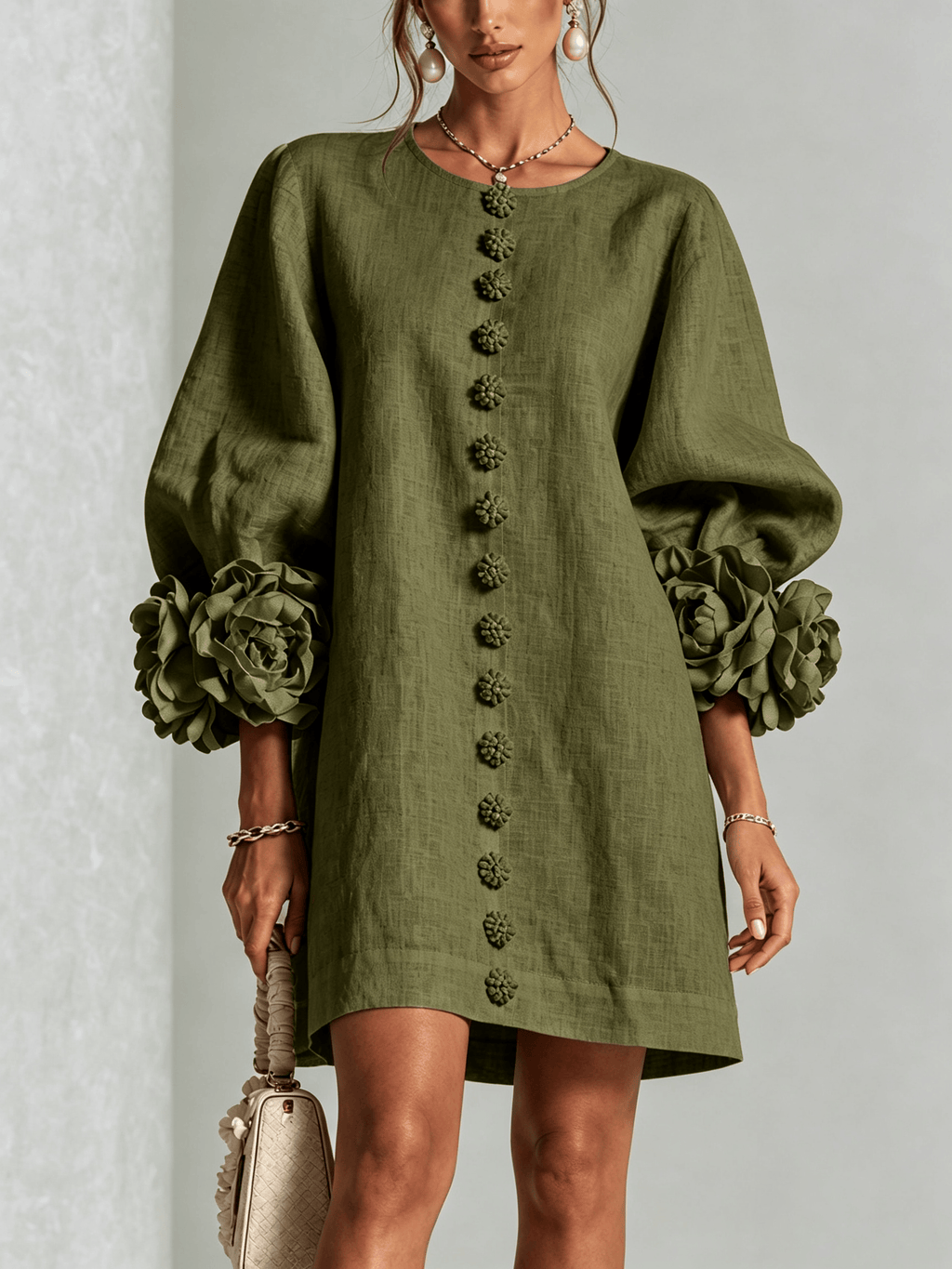 Gaia | Minivestido en Mezcla de Lino con Puños de Rosa, Verde Oliva
