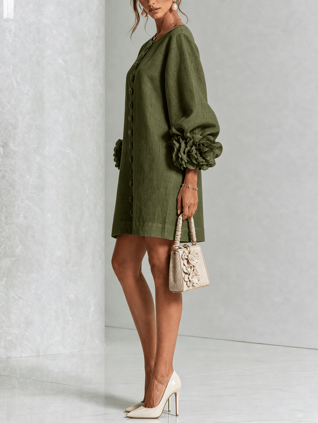 Gaia | Minivestido en Mezcla de Lino con Puños de Rosa, Verde Oliva