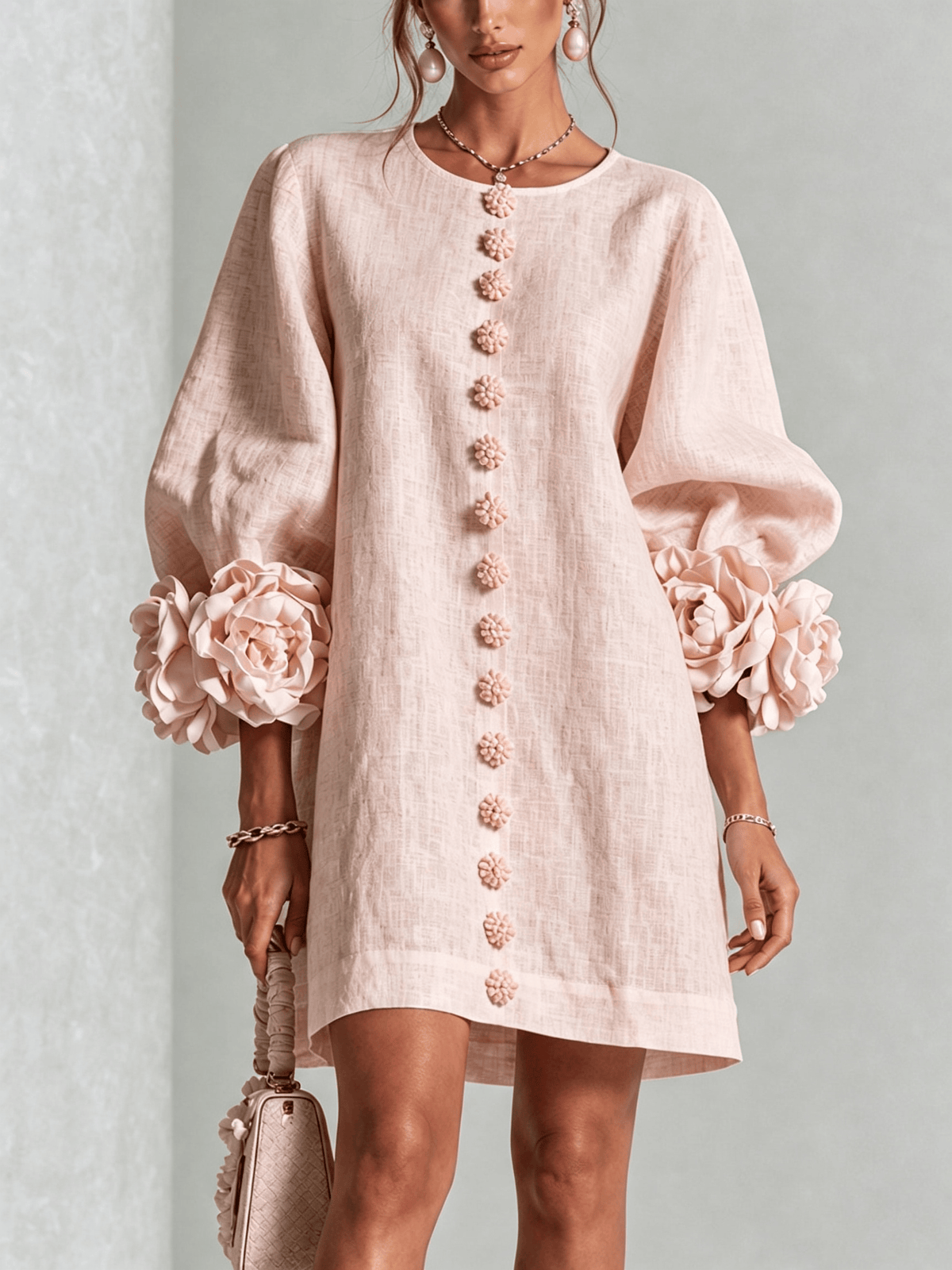 Noemi | Minivestido en Mezcla de Lino con Puños de Rosa, Rosa