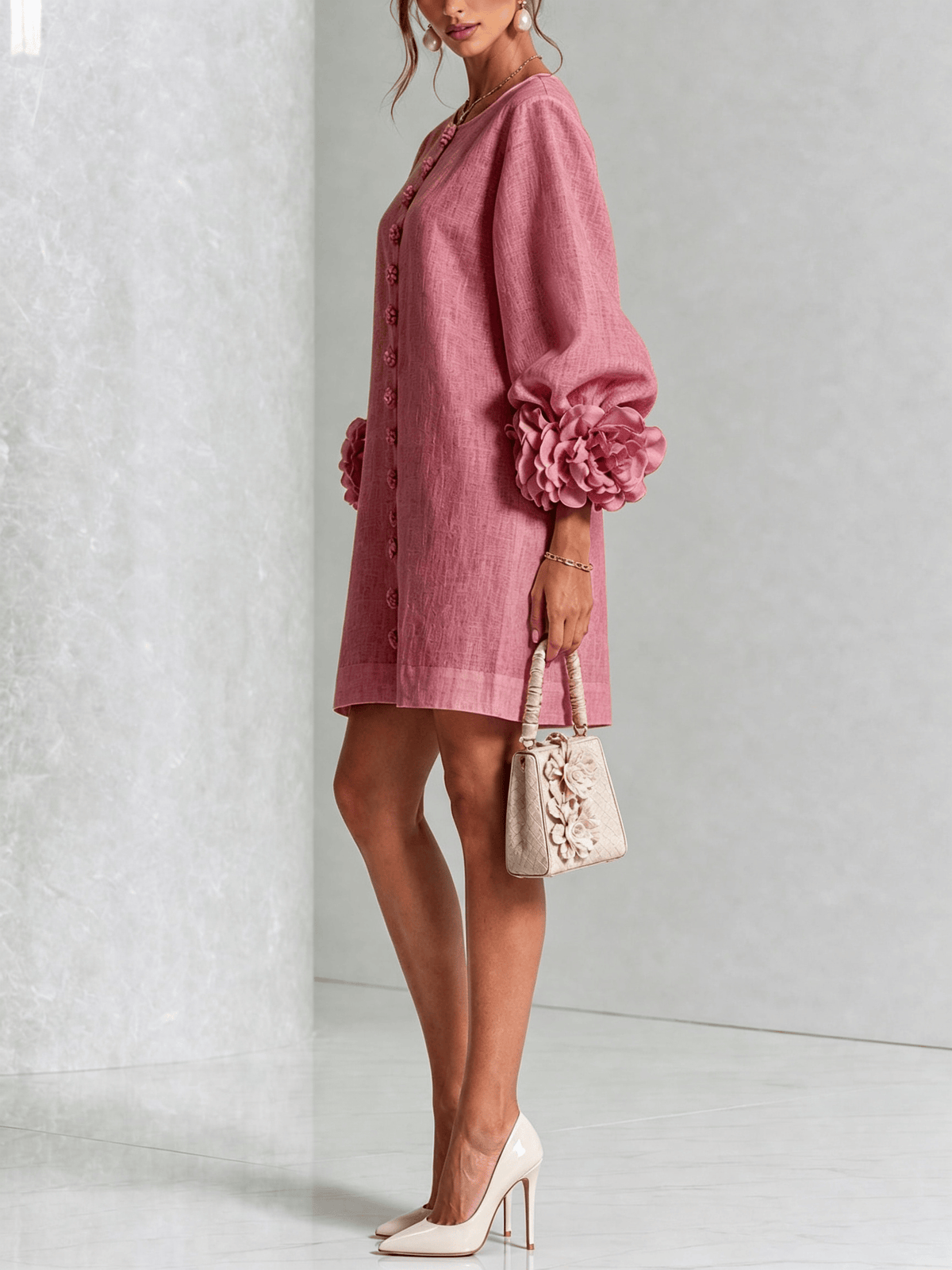 Alba | Minivestido en Mezcla de Lino con Puños de Rosa, Rosa Antiguo