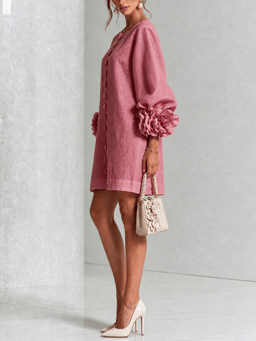 Alba | Minivestido en Mezcla de Lino con Puños de Rosa, Rosa Antiguo