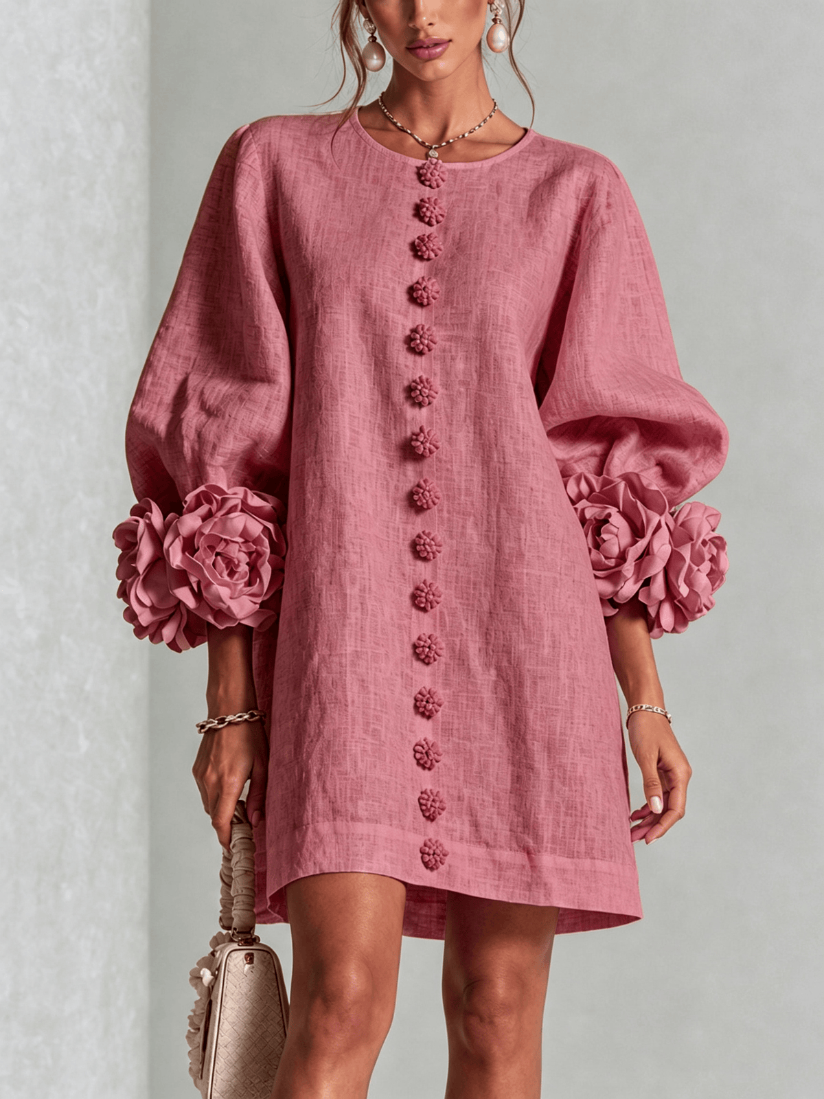 Alba | Minivestido en Mezcla de Lino con Puños de Rosa, Rosa Antiguo