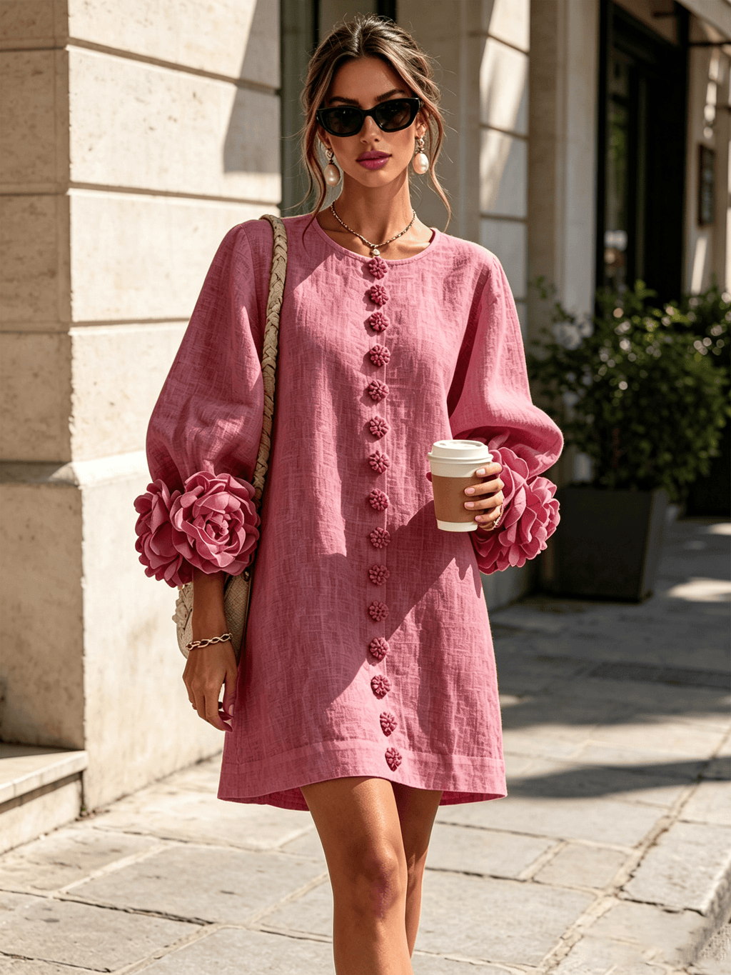 Alba | Minivestido en Mezcla de Lino con Puños de Rosa, Rosa Antiguo