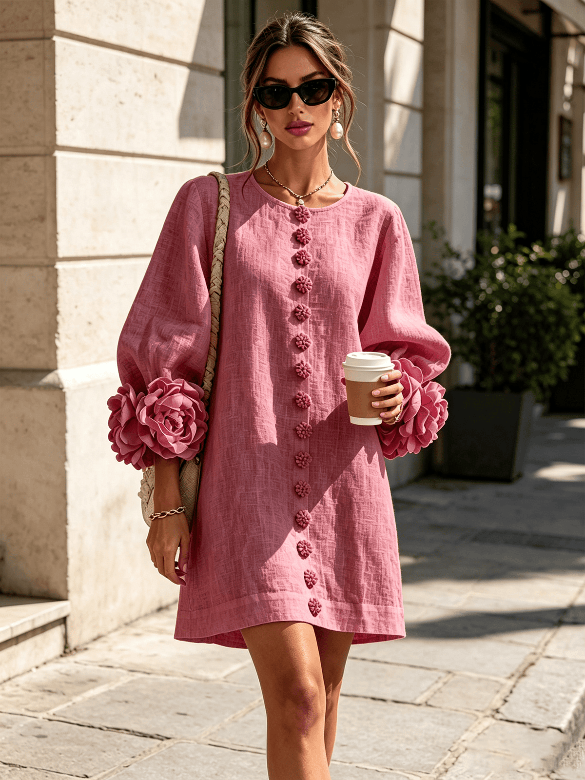 Alba | Minivestido en Mezcla de Lino con Puños de Rosa, Rosa Antiguo