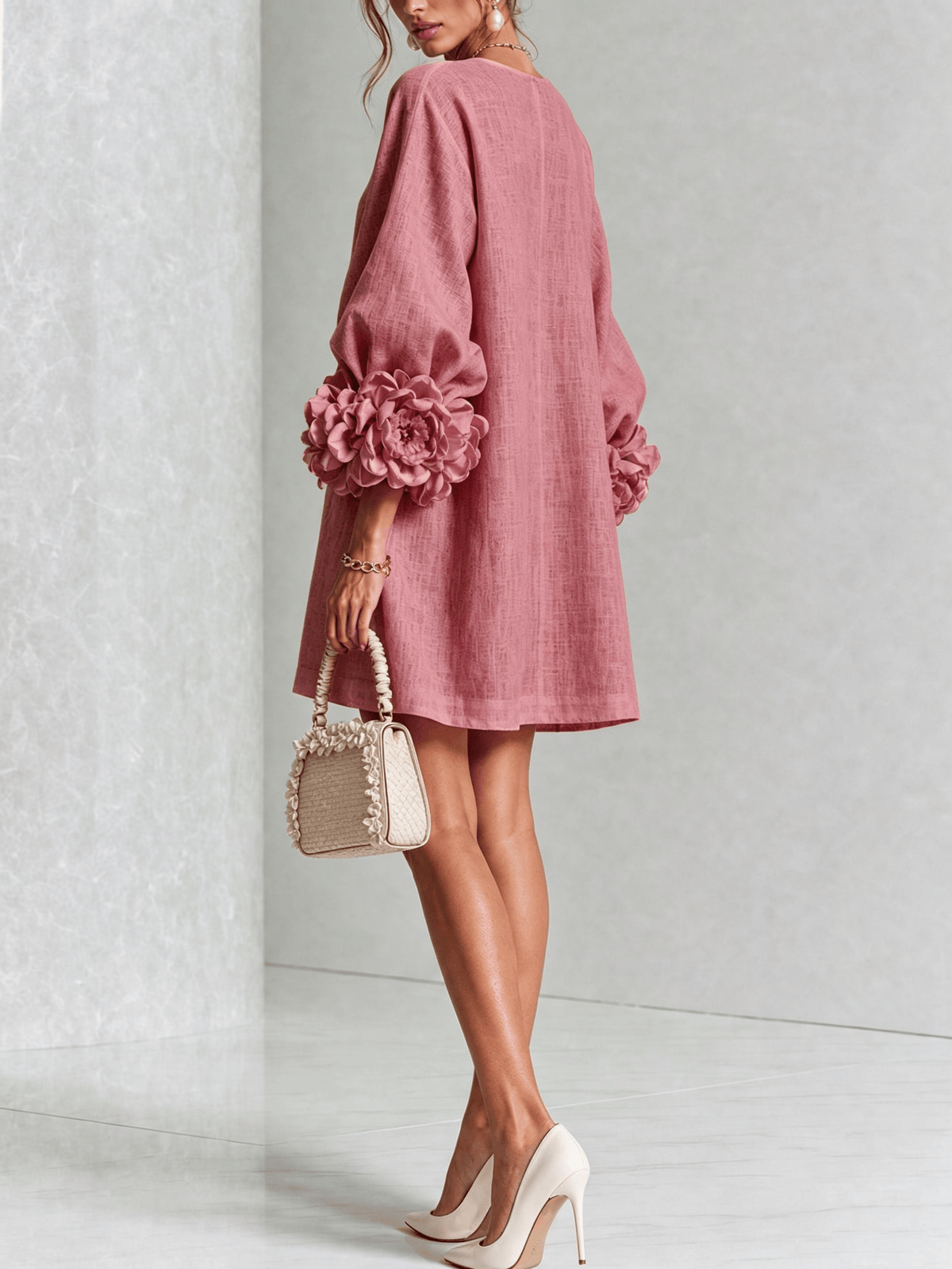 Alba | Minivestido en Mezcla de Lino con Puños de Rosa, Rosa Antiguo