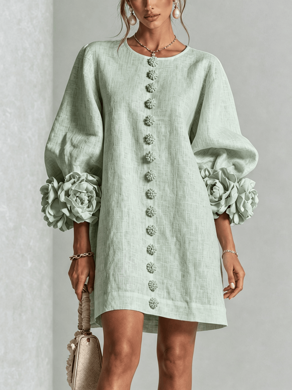 Delia | Minivestido en Mezcla de Lino con Puños de Rosa, Verde Salvia