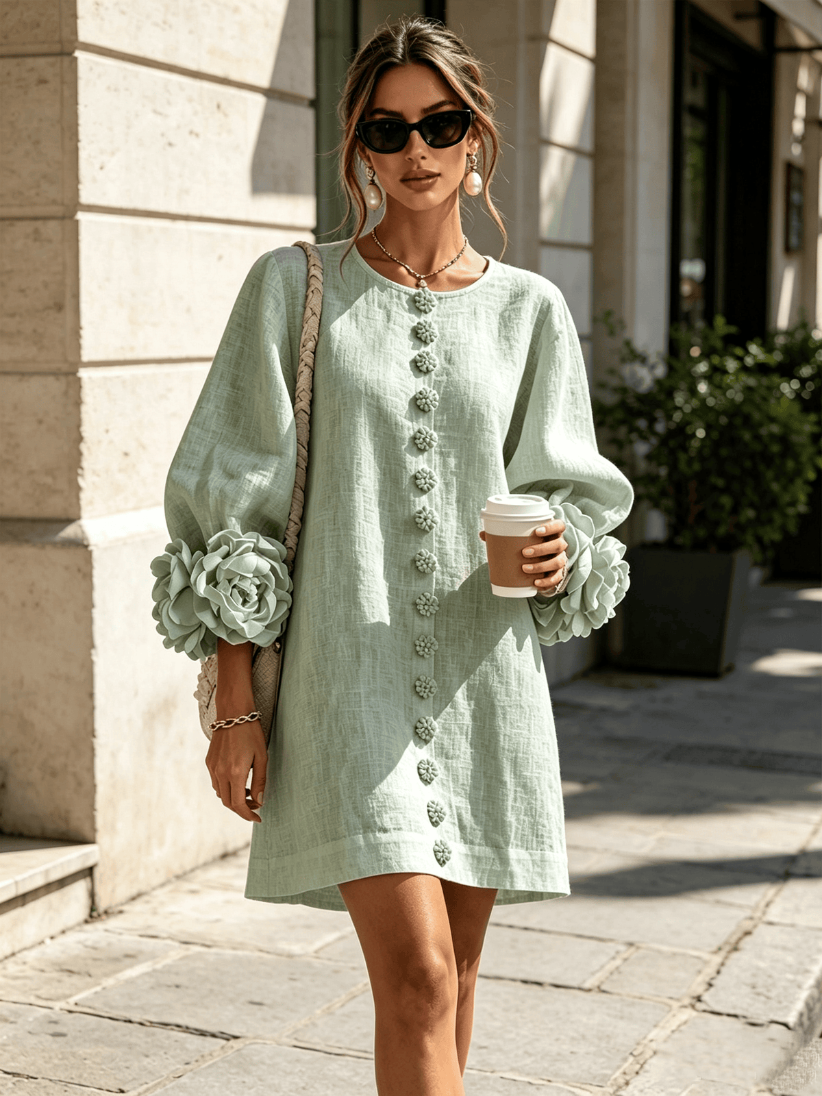 Delia | Minivestido en Mezcla de Lino con Puños de Rosa, Verde Salvia