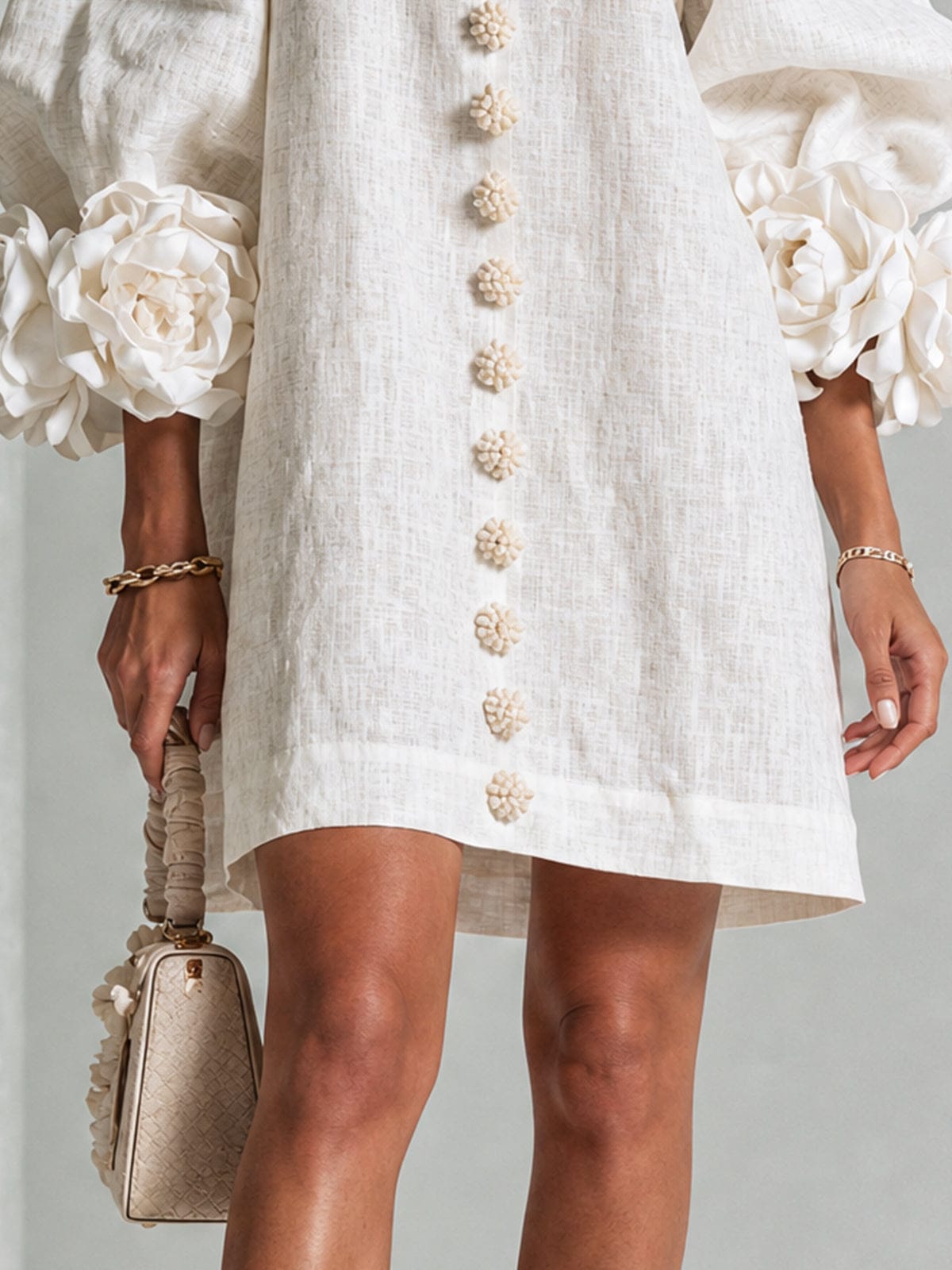 Chiara | Minivestido en Mezcla de Lino con Puños de Rosa, Blanco