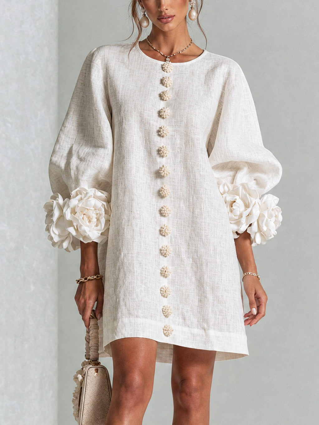Chiara | Minivestido en Mezcla de Lino con Puños de Rosa, Blanco
