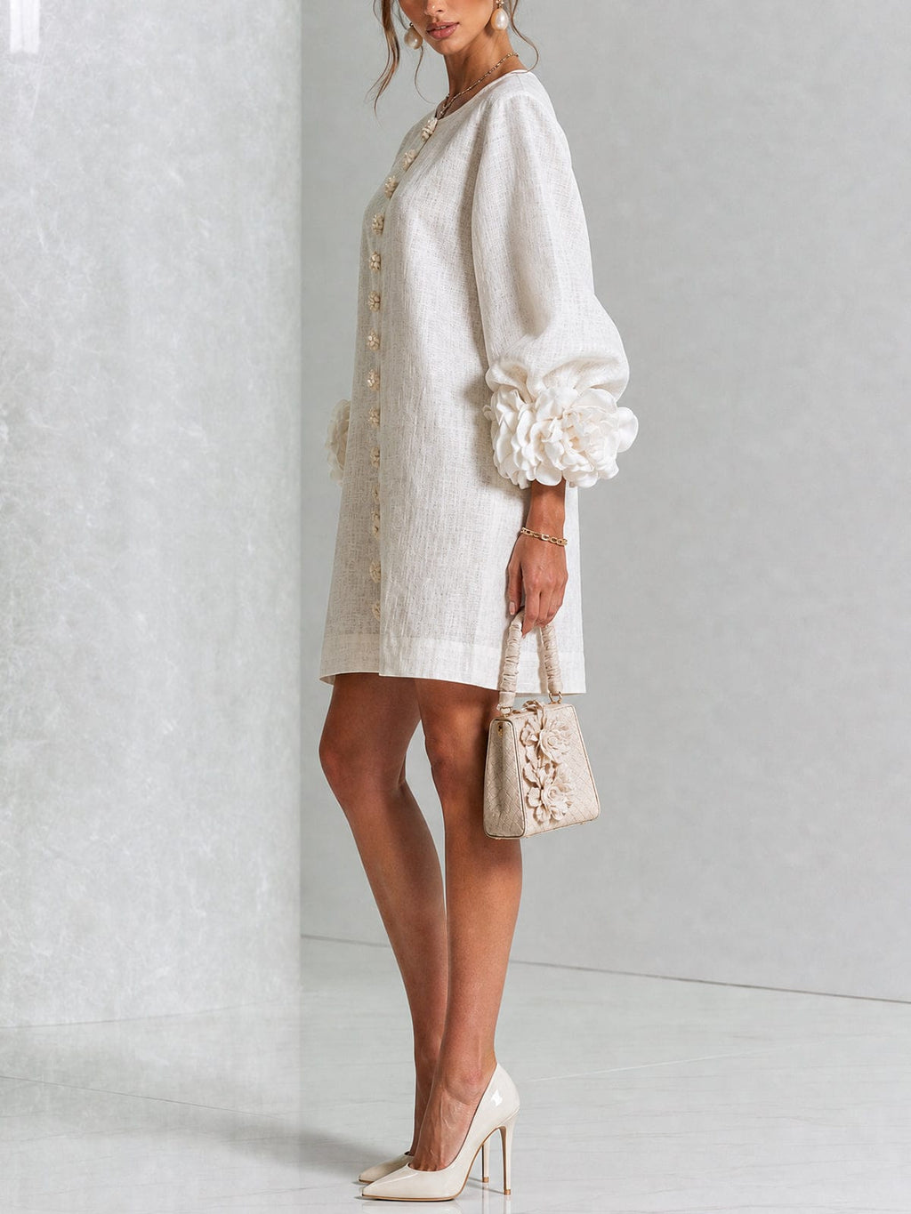 Chiara | Minivestido en Mezcla de Lino con Puños de Rosa, Blanco