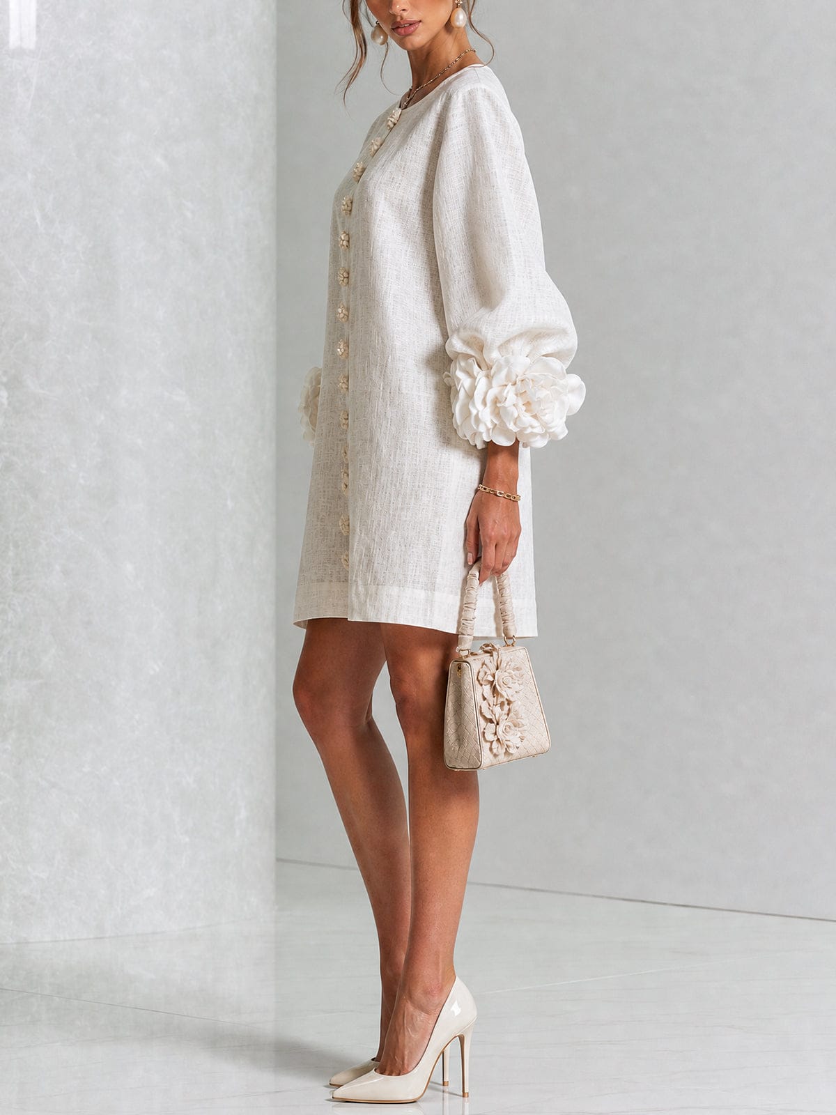 Chiara | Minivestido en Mezcla de Lino con Puños de Rosa, Blanco
