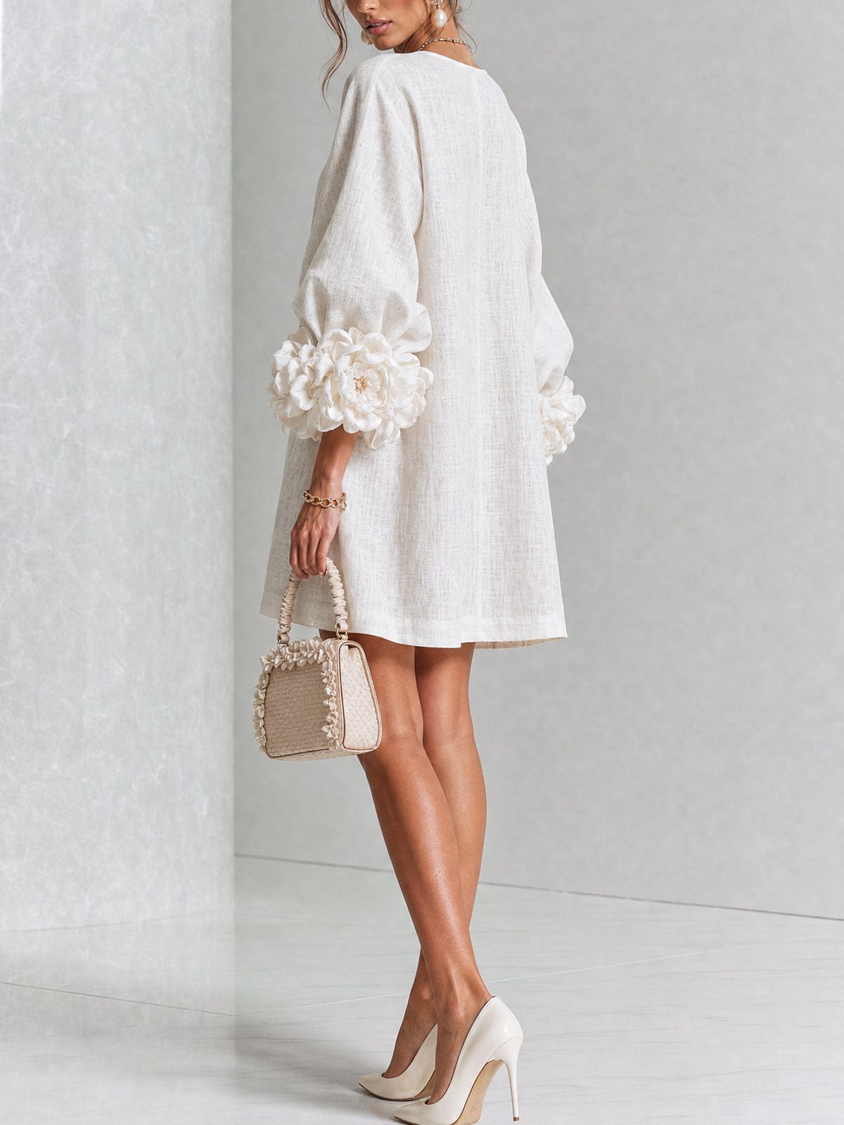 Chiara | Minivestido en Mezcla de Lino con Puños de Rosa, Blanco