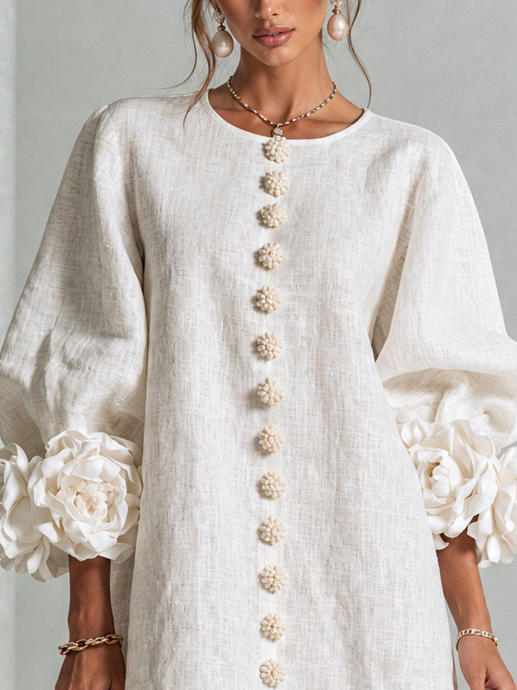 Chiara | Minivestido en Mezcla de Lino con Puños de Rosa, Blanco