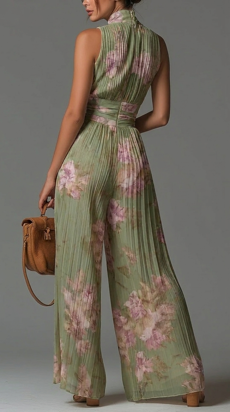 Zsófia Jumpsuit | Mono de Gasa Plisada en Verde Floral