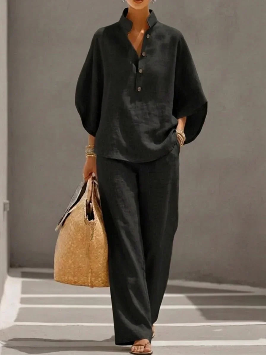 Sofía | Conjunto de lino con mangas murcielélago y pantalón ancho
