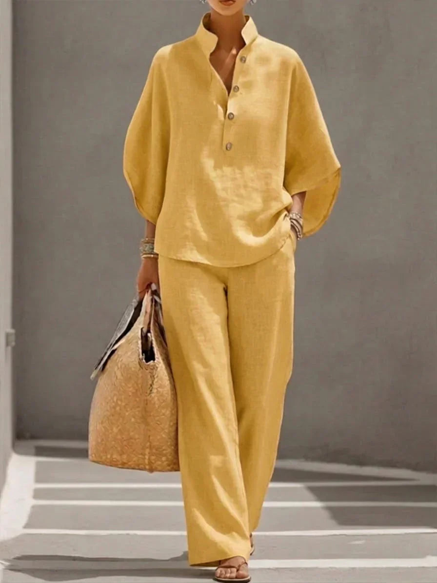 Sofía | Conjunto de lino con mangas murcielélago y pantalón ancho