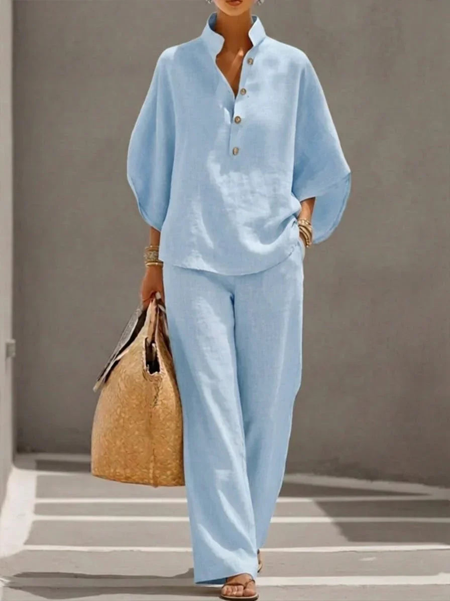 Sofía | Conjunto de lino con mangas murcielélago y pantalón ancho