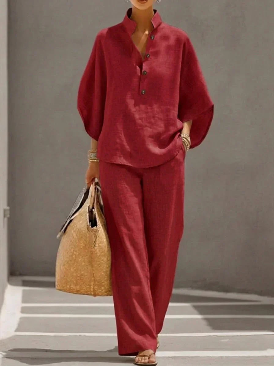 Sofía | Conjunto de lino con mangas murcielélago y pantalón ancho