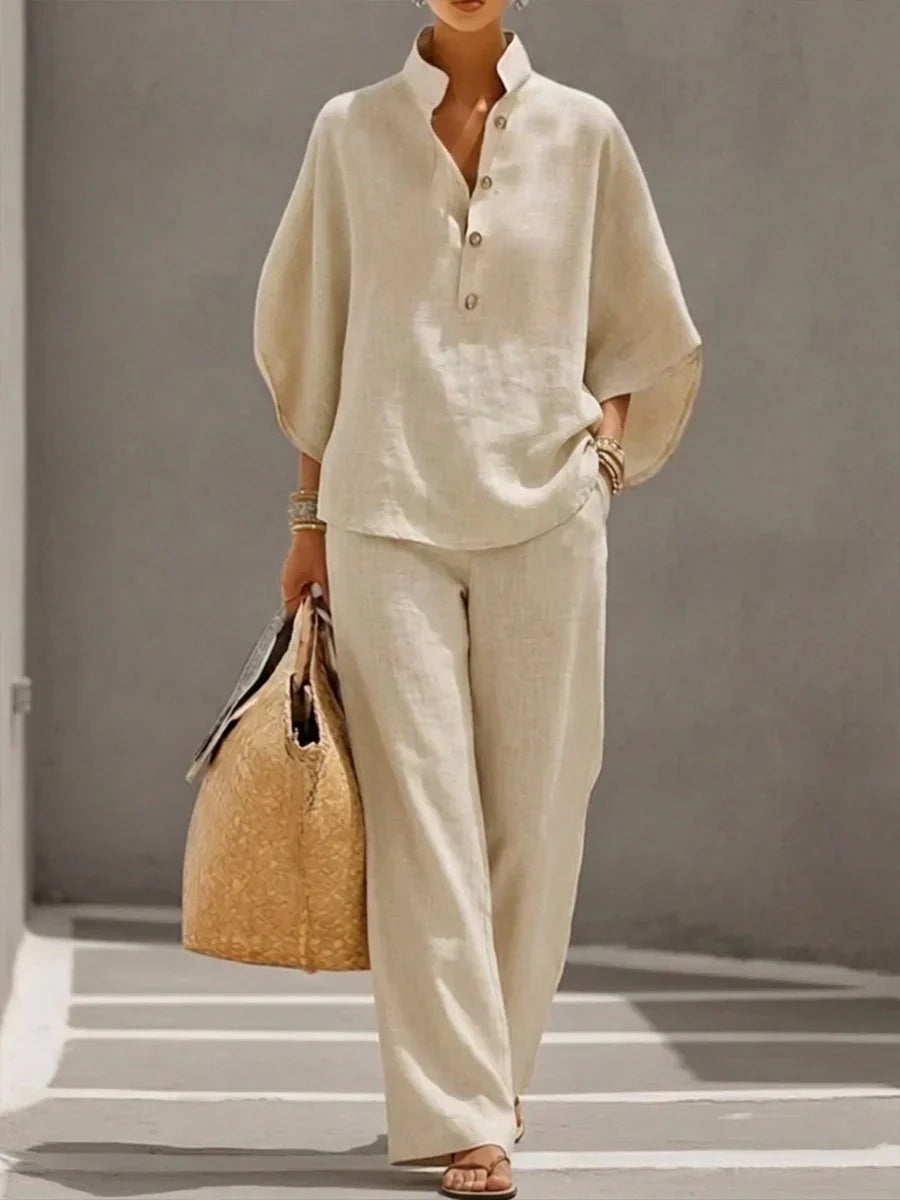 Sofía | Conjunto de lino con mangas murcielélago y pantalón ancho