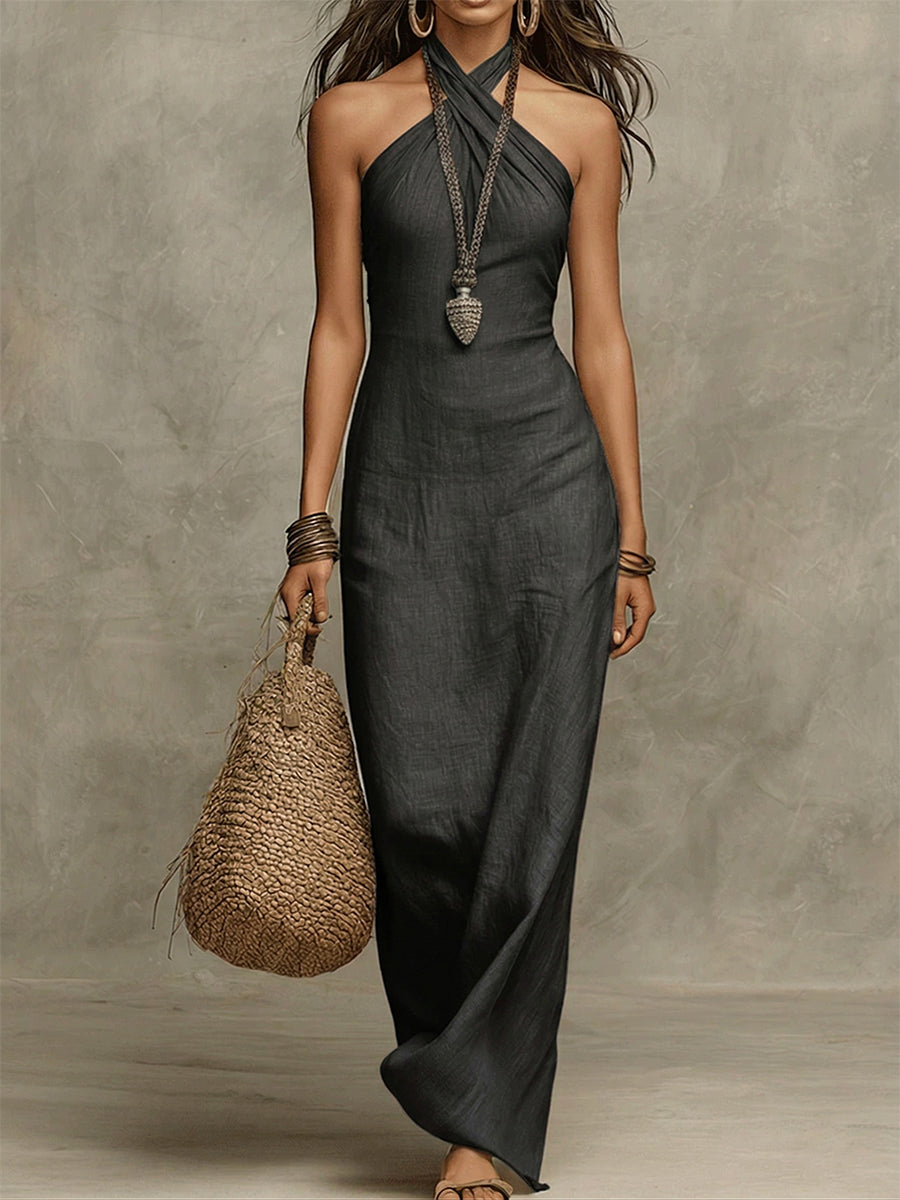 Andrea™ – Vestido largo voluminoso de algodón y lino, escote halter