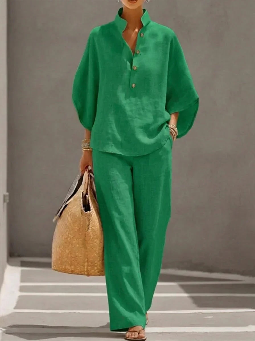 Sofía | Conjunto de lino con mangas murcielélago y pantalón ancho