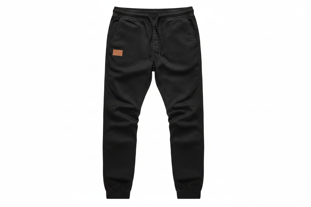 Pantalón negro flat lay fondo blanco