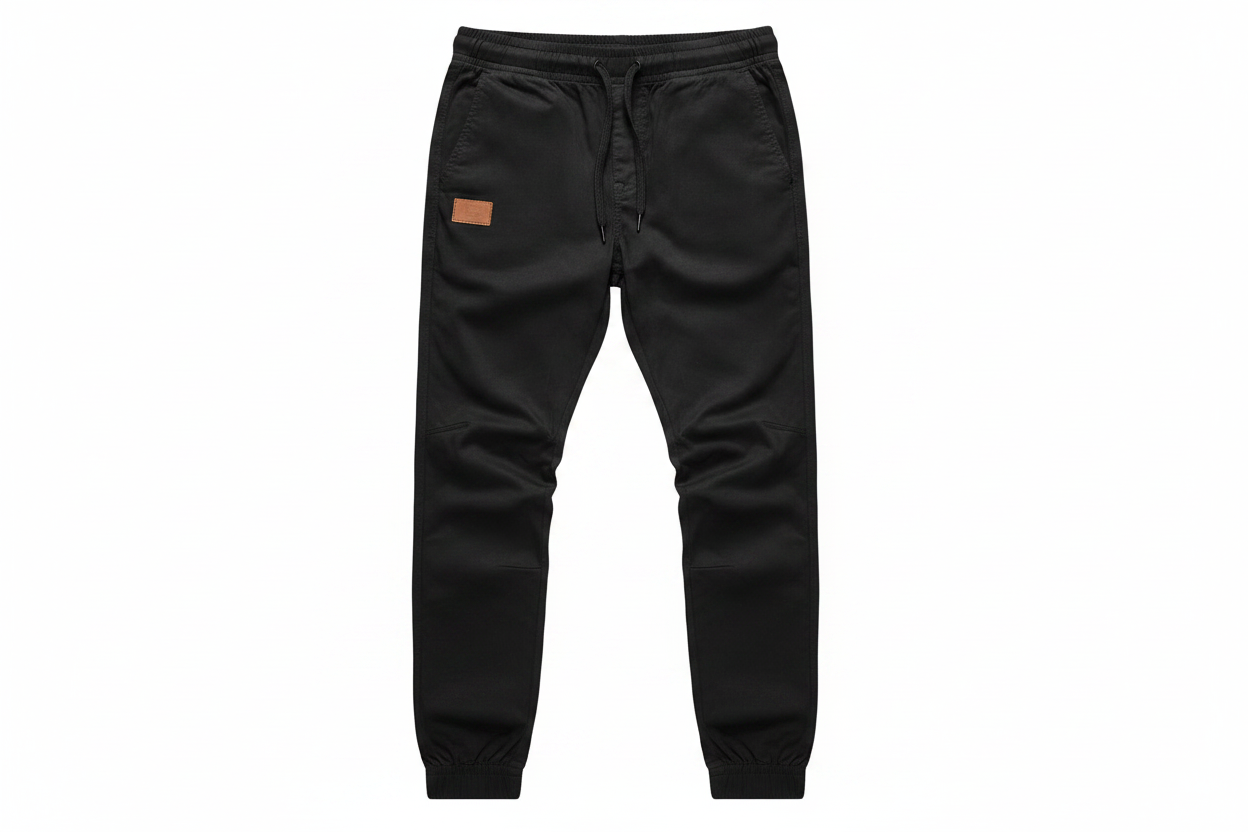 Pantalón negro flat lay fondo blanco